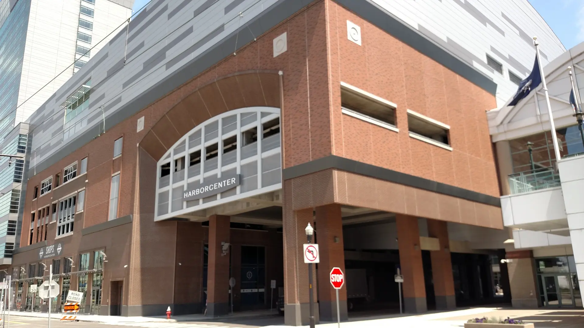 Harbor Center entrance showing precast architectural details
